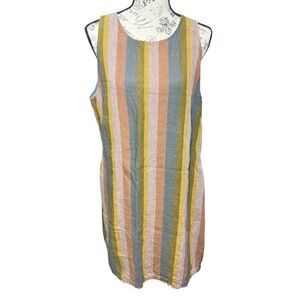Garnet Hill 100% Linen Dress Sz 12 Earth Tone Striped Fringe Hem Shift Lagenlook